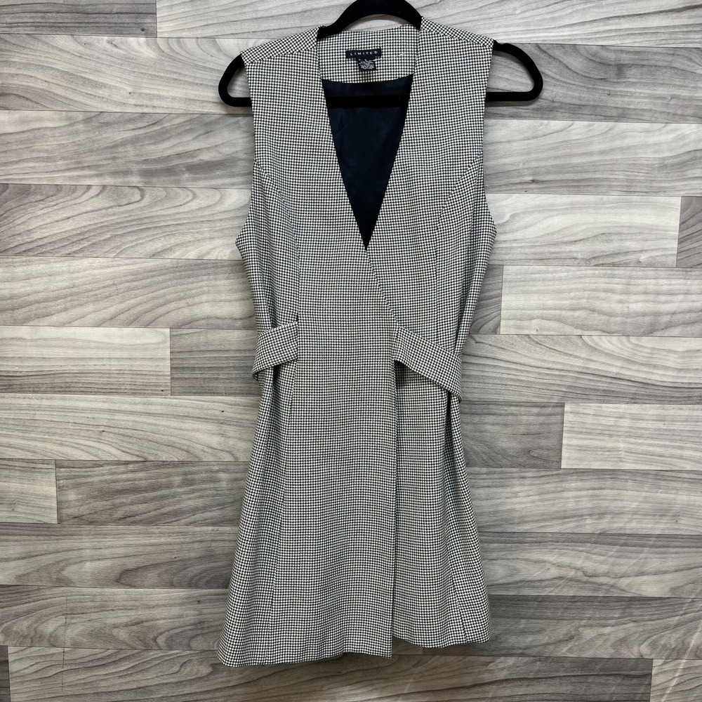 Limited Wrap Dress Womens Size 2 Black Houndstooth Rayon Lined Belted Sleeveless